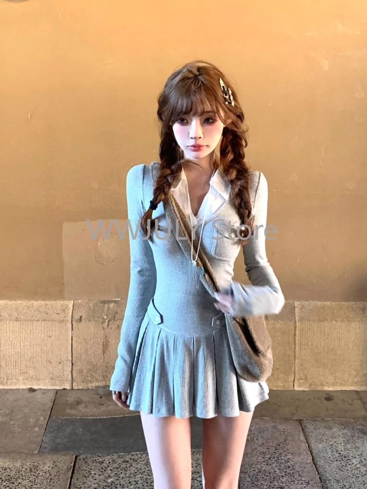 Autumn Woman Preppy Style Sweet Fake Two Dress E-girls College Style Y2k Mini Dress Elegant One Piece Dress Korean Fashion