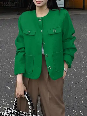 2025 Women Autumn Jackets Coats ZANZEA Stylish Winter O Neck Long Sleeve Jackets OL Outwears Femme Buttons Down Coats Oversize