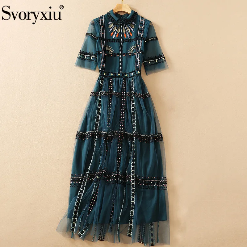 

Svoryxiu 2021 Fashion Runway Summer Party Vintage Mesh Long Dress Women's Half Sleeve Embroidery High-End Dresses Vestdios