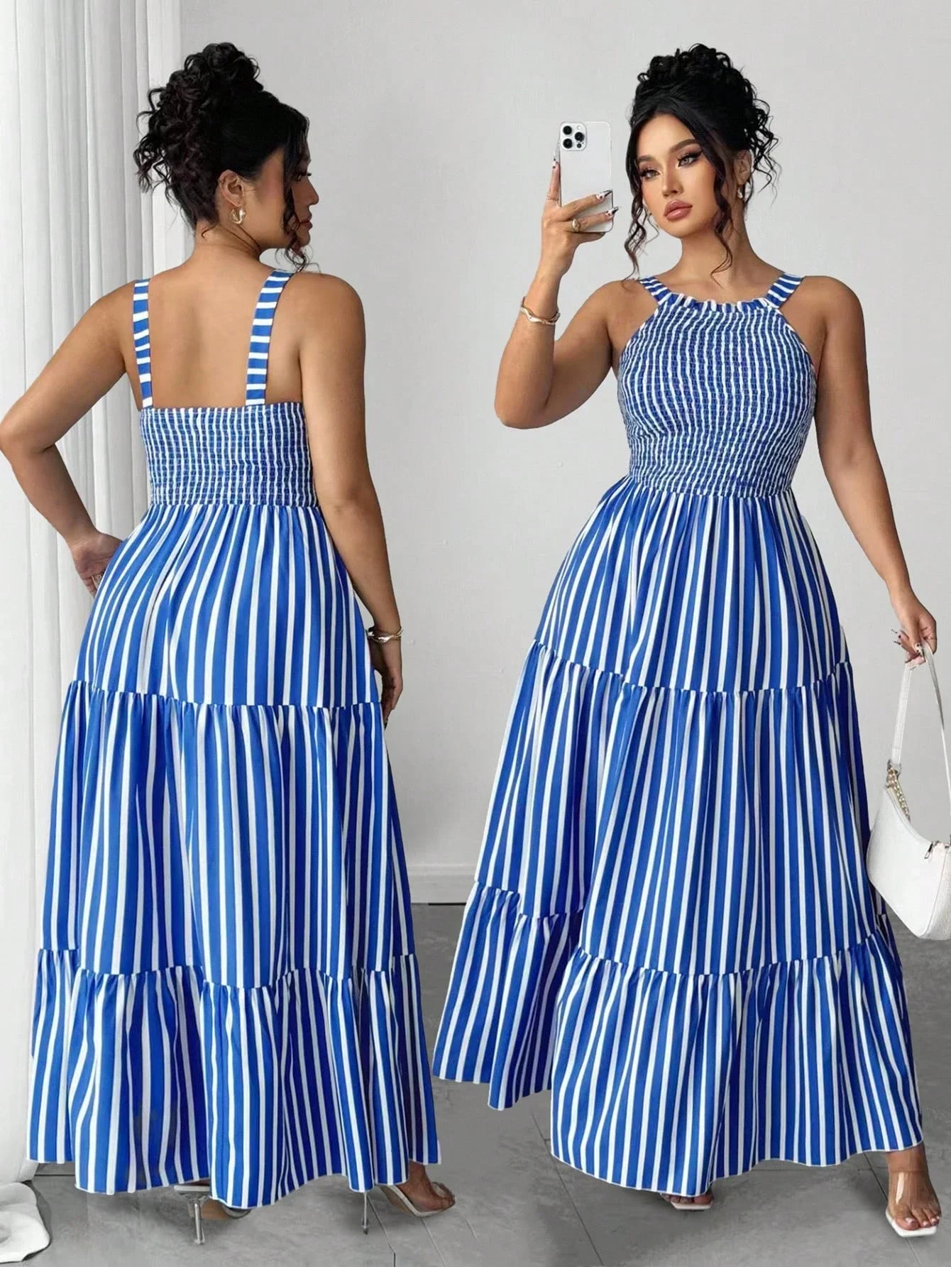

Blue And White Vertical Striped Smocked Waist Tiered Maxi Dress