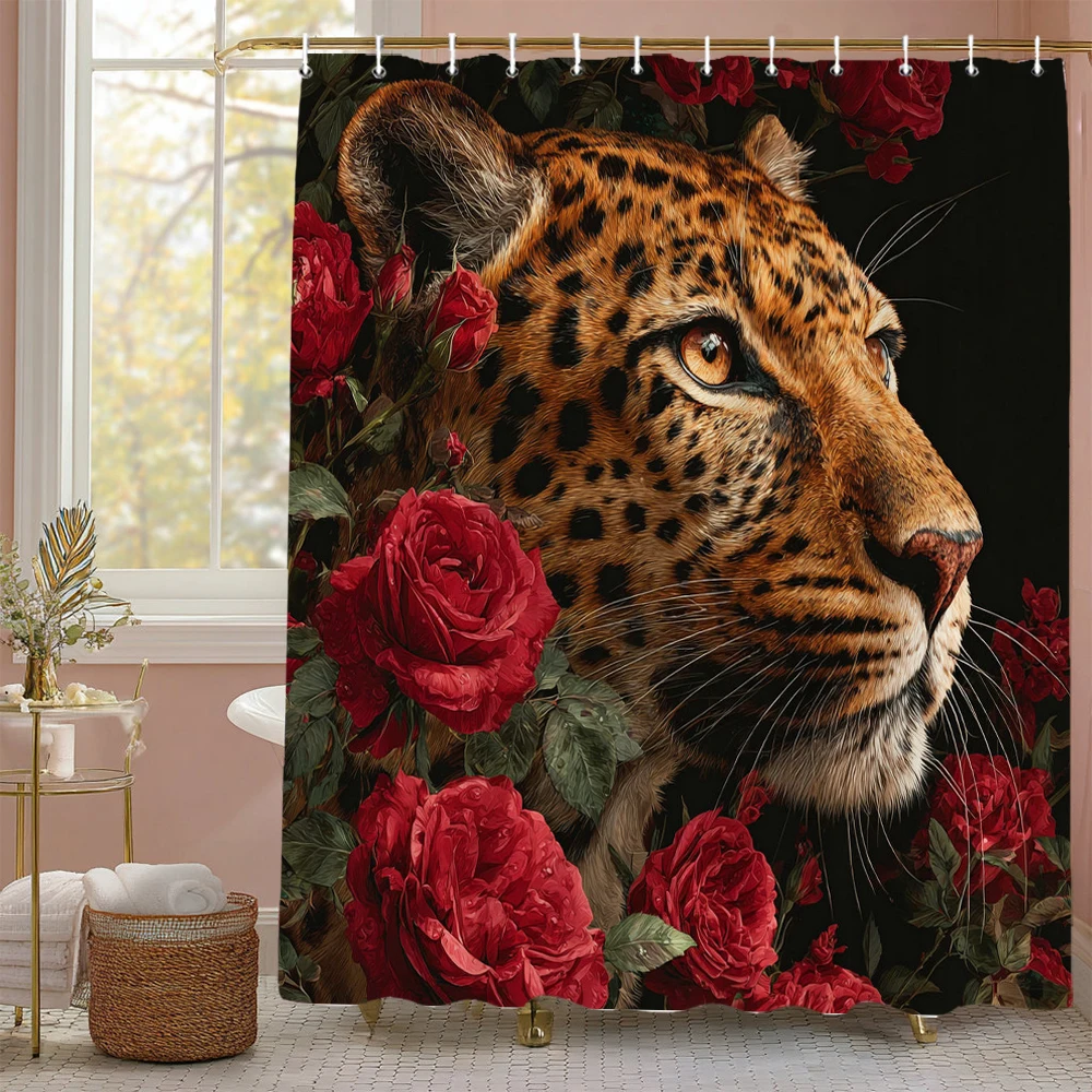 

Cougar and Rose Shower Curtain, Bathroom Decorative Shower Curtain, Waterproof Shower Curtain with Hooks