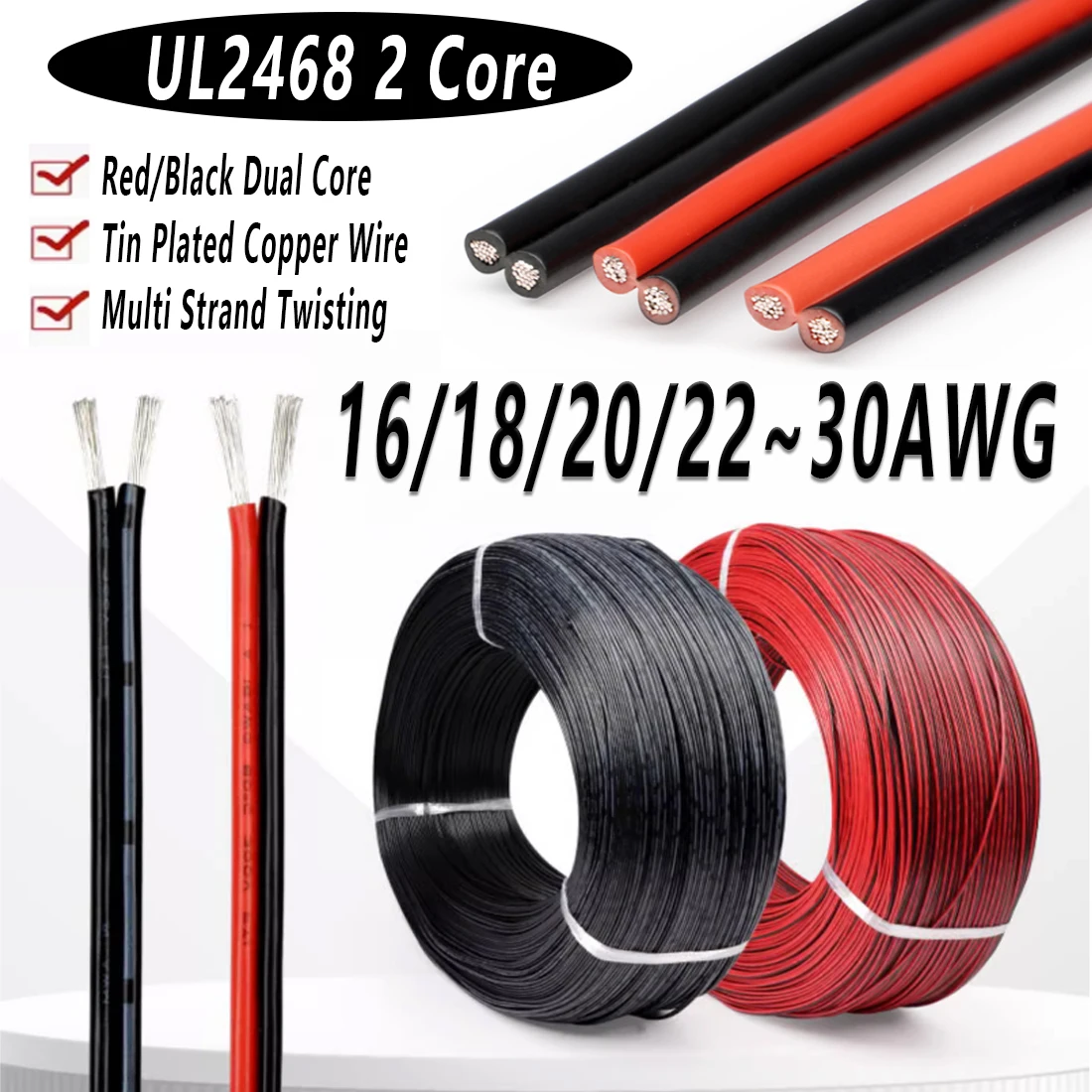 

2 Pin Wire Electric Copper Cable 30 ~ 16 AWG LED Strip Lamp Lighting Cable PVC Extend Cord White Black Red UL2468 Power Lines