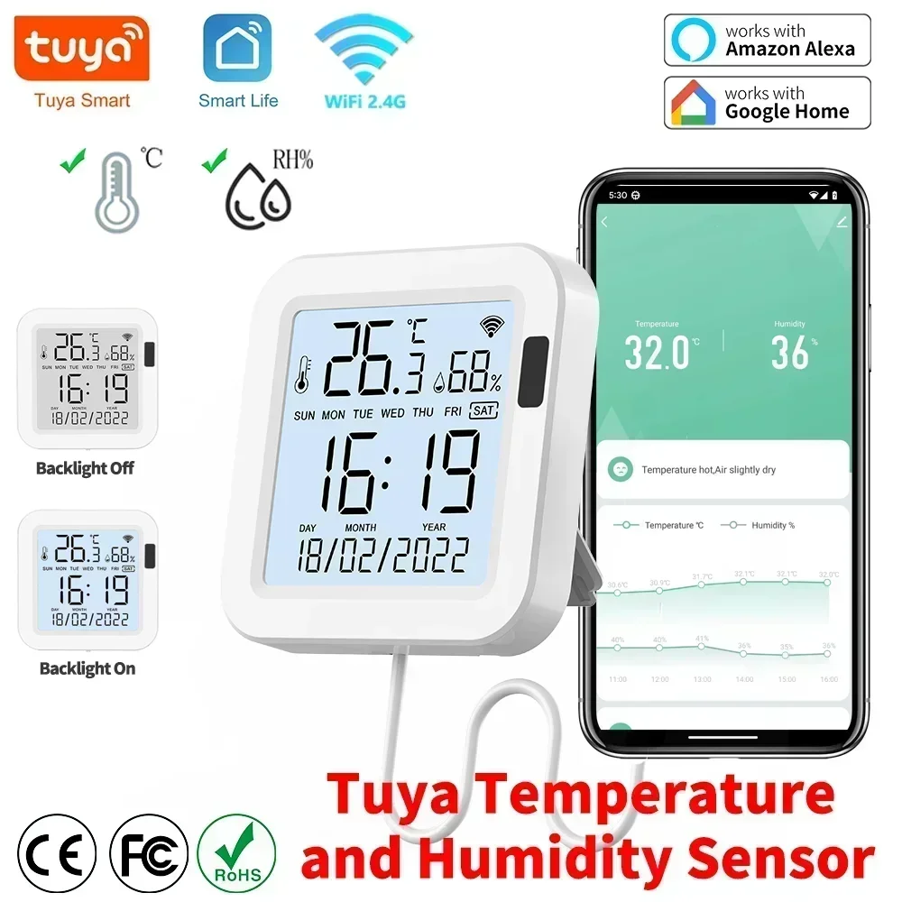 Tuya Temperature and Humidity Smart Sensor With Backlight for Smart Home var WiFi SmartLife Work with Alexa Google Assistant