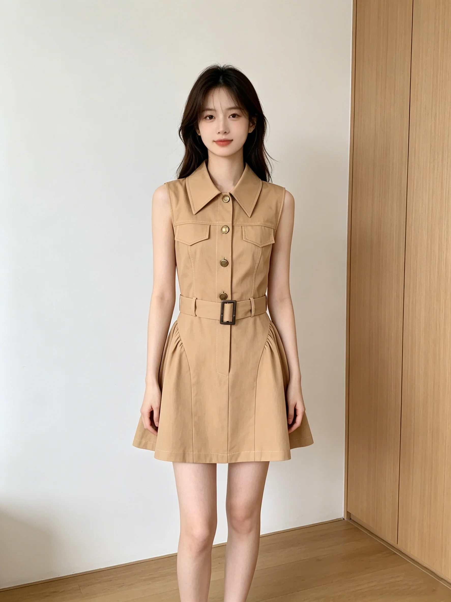 Vestido sin mangas color kaki para mujer, estilo coreano de verano, con cintura entallada, efecto adelgazante, sensación de alta gama, tipo chaleco, falda corta.