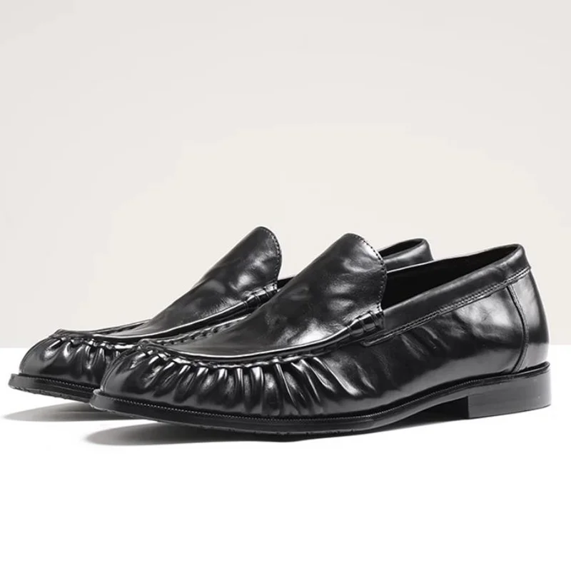 

Top-layer Cowhide Hand-grip Pattern Craftsmanship Sheepskin Lining slip-on Casual Leather Shoes Man Soft Loafers Dress Shoes