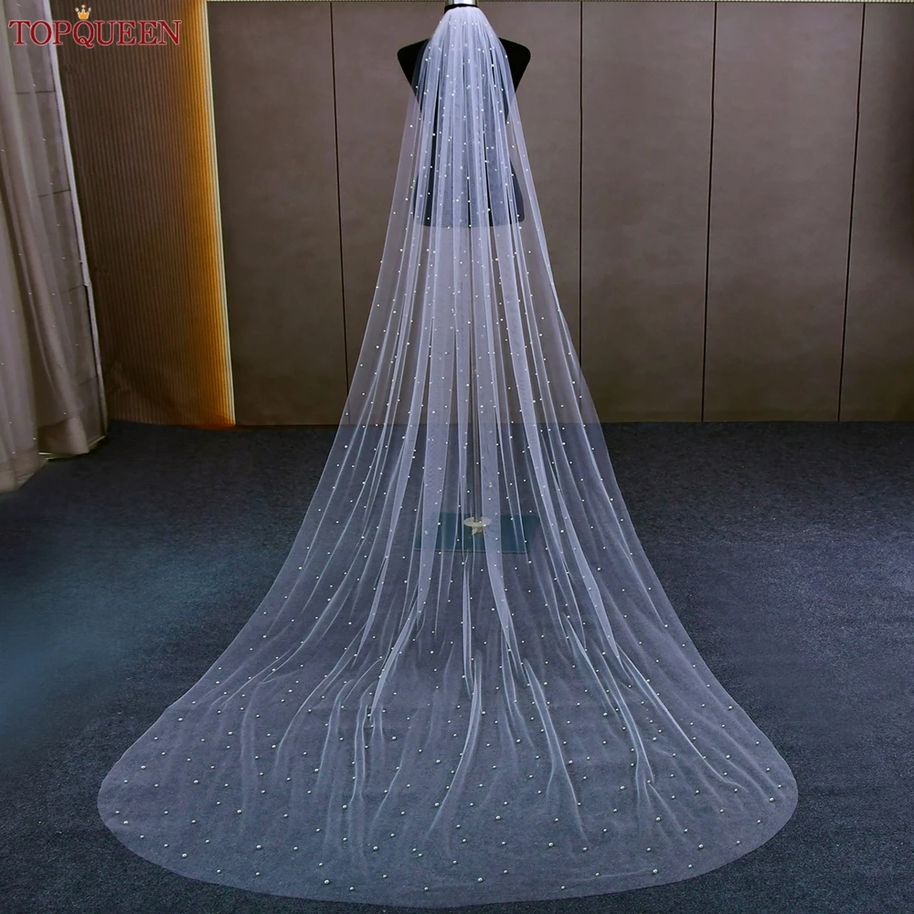 TOPQUEEN Perlen Hochzeit Schleier 1 Tier Soft Bridal Veil Beaded Hochzeit Zubehör 3M Kathedrale Länge Schleier für Braut Elfenbein v176 – Detail 10