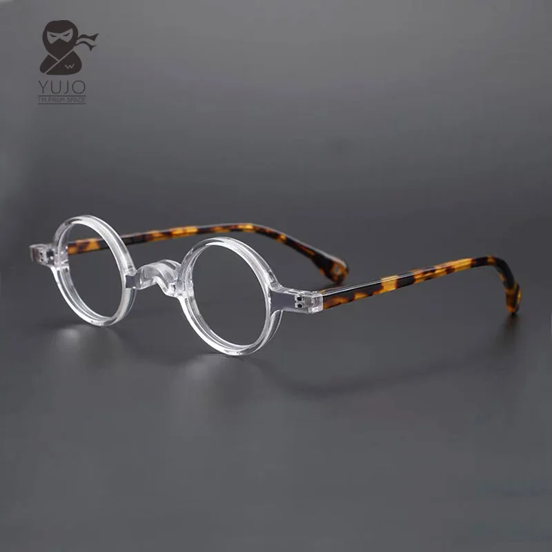 Retro style small circular acetate fiber transparent color eyeglass frame, vintage 34mm lens saddle nose support, glasses frame