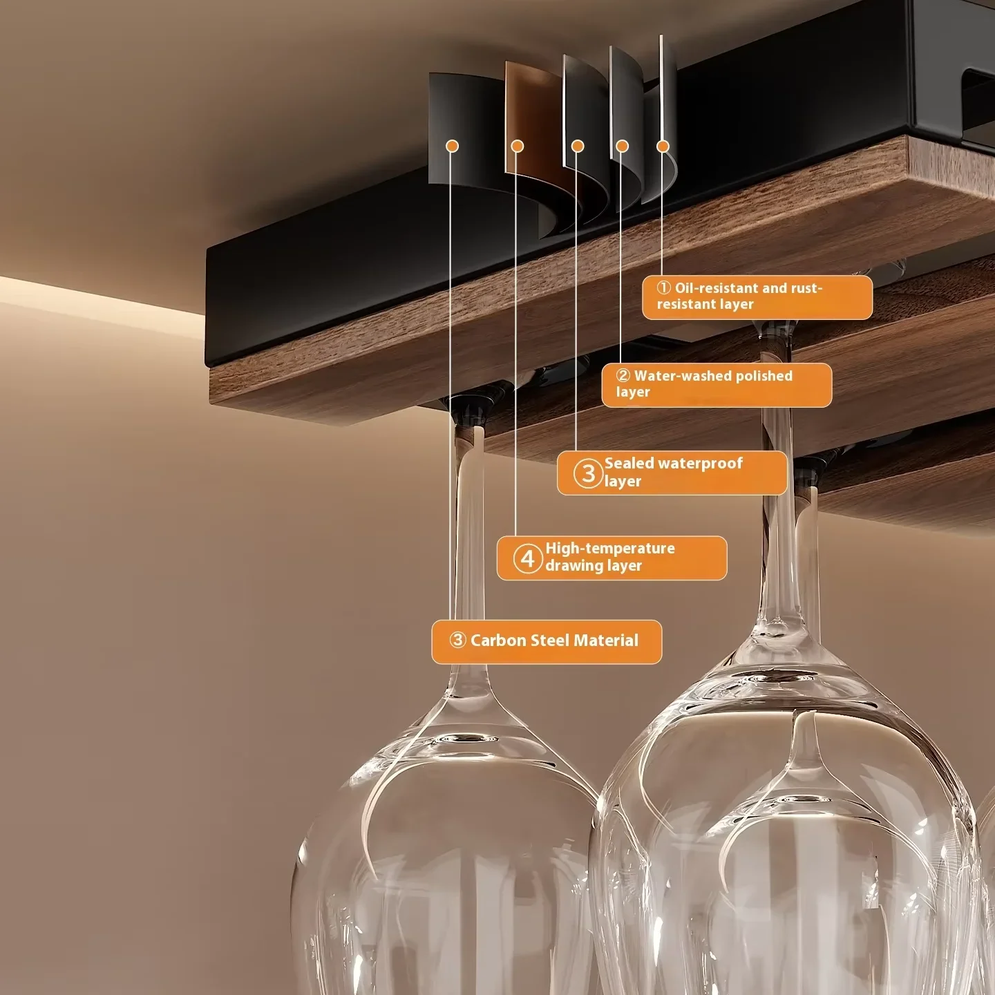 Vintage Walnut Wood Single-Tier Inverted Rack Modern Red Wine Glass Storage Shelf for Home Light Luxury High-End Hanging Design