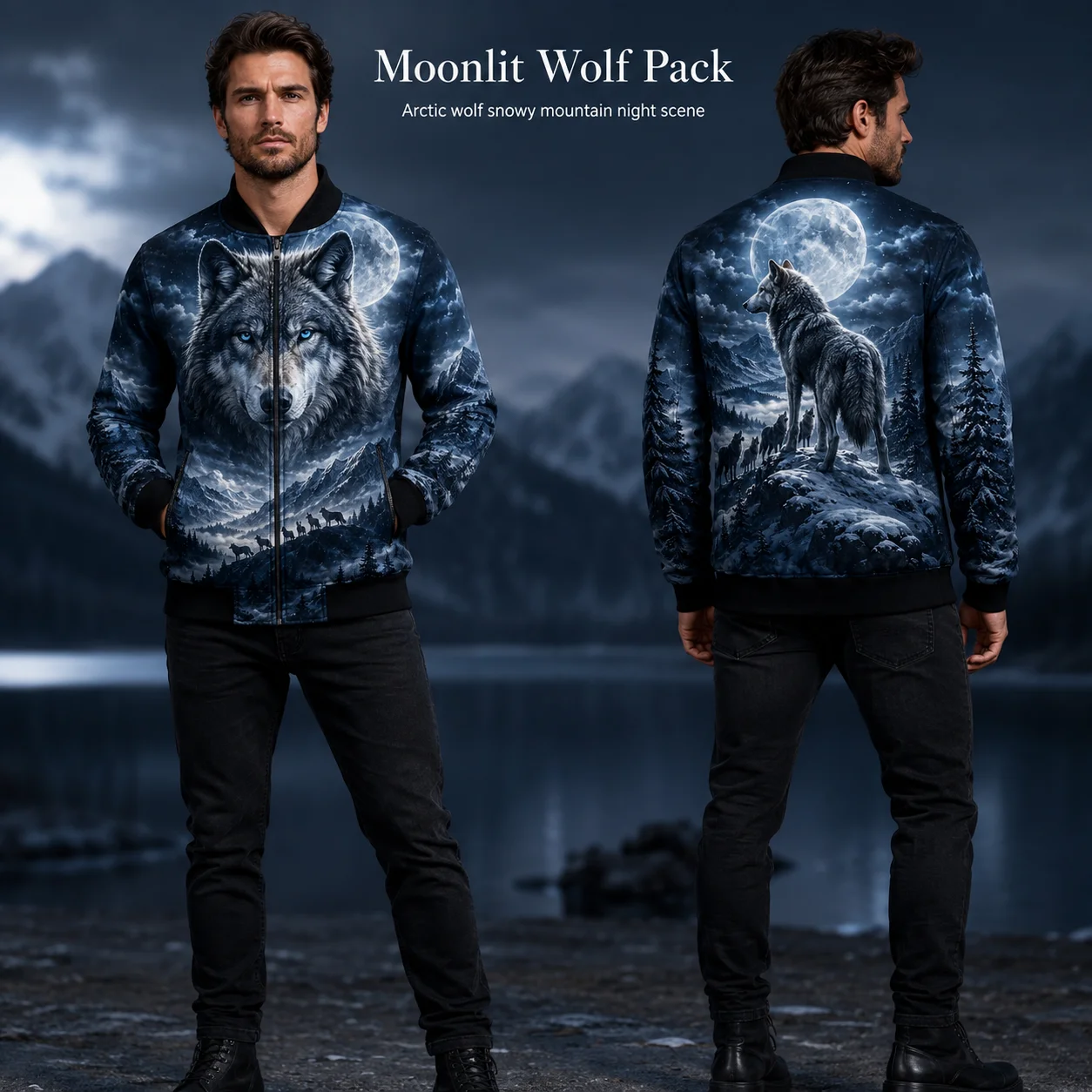 Moonlight Wolf Pack Graphic Jackets Men 3D Snow Mountain Animal Print Jacket Winter Outdoor Streetwear Coat Full Zip Casual Wear