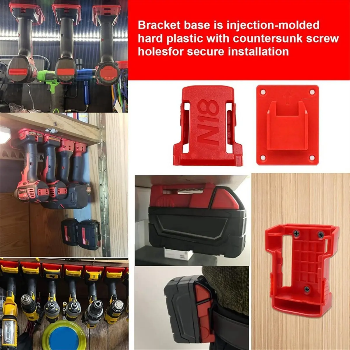 

(PQWN) Держатели для аккумуляторных инструментов Milwaukee M18 18V, настенные крепления для аккумуляторов, красные держатели для дрелей M8 с винтами