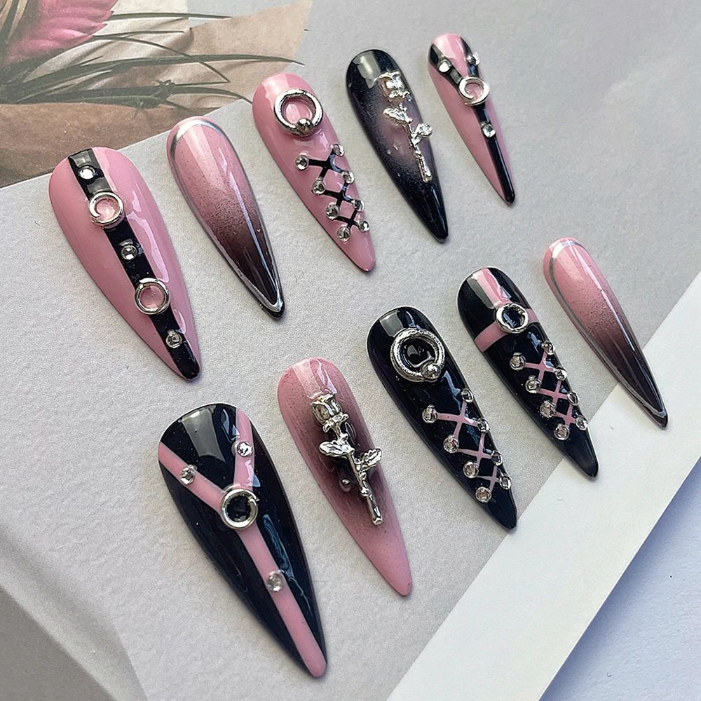 

Y2K Sweet Cool Black Pink Long Almond False Nails 3D Butterfly Sparkling Diamond Industry Design Fake Nail Bracelet Ring Set