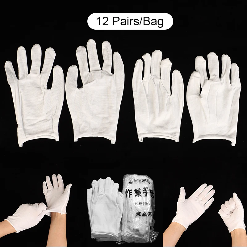 

12Pairs Cotton White Gloves Disposable Driving Work Sweat-Absorbent Gloves Jewelry Inspection Gloves Household Cleaning Tools