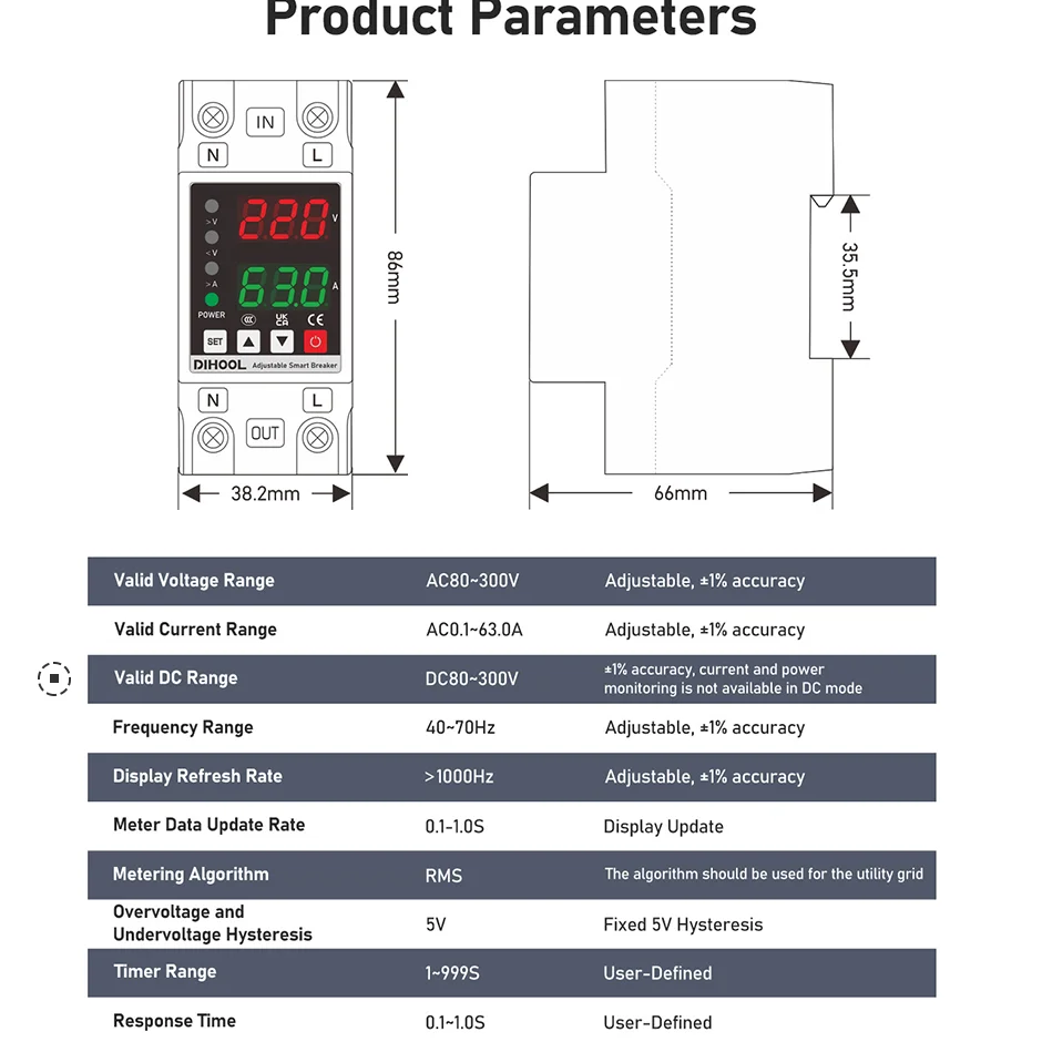 Adjustable Voltage Current Protector 110/220V 80-300V Universal  Single Phase AC DC Protection 1~63a Self resetting