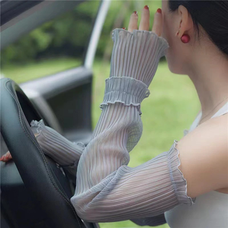 Women Summer Long Lace Mesh Fingerless Gloves Sun Protection Arm Sleeves Driving Cycling Breathable Mittens Oversleeve