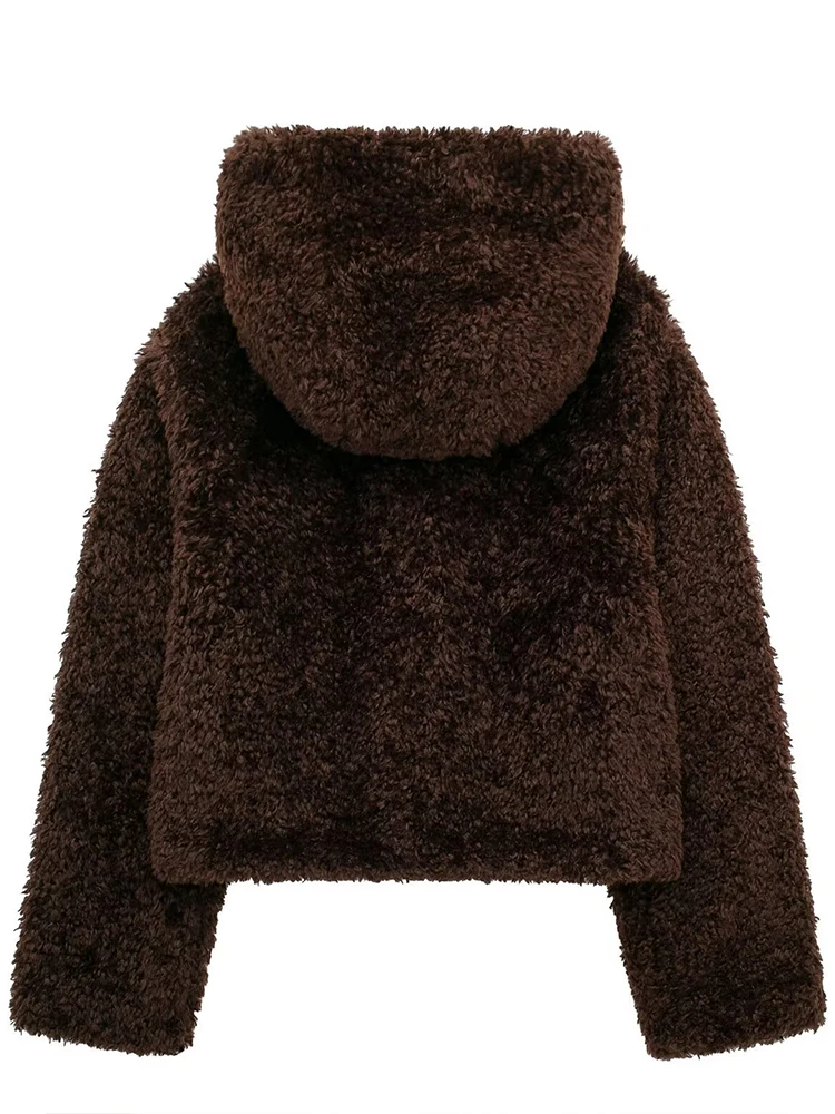 Mueyaruho Winter Autumn 2024 Women Fur Teddy Jacket Solid Brown Long Sleeve Tops Outwear Coat With Hooded