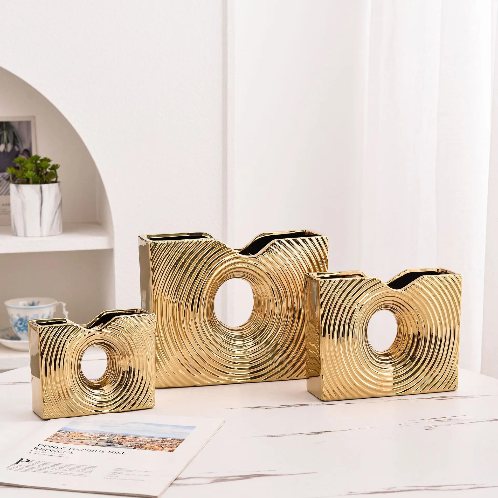 Geometric Ring Texture Ceramic Vase Planter For Butterfly Orchid Creative TV Cabinet Entrance Tabletop Home Decor Ornament Craft
