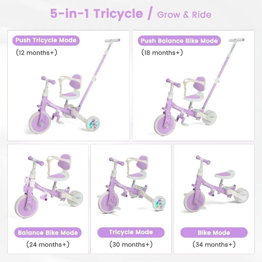 รถสามล้อเด็ก 5-in-1 สำหรับเด็กวัย 1-3 ปี แปลงเป็นจักรยานเด็กพร้อมที่จับสำหรับเข็นและแป้นเหยียบถอดได้ จักรยานทรงตัวพร้อมไฟหลากสี