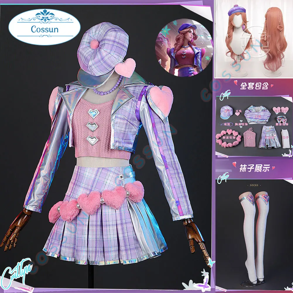 Caitlyn Cosplay Game League of Legends Cosplay Costume with Socks LOL Valentine Heartthrob Caitlyn Cosplay Costume Wig