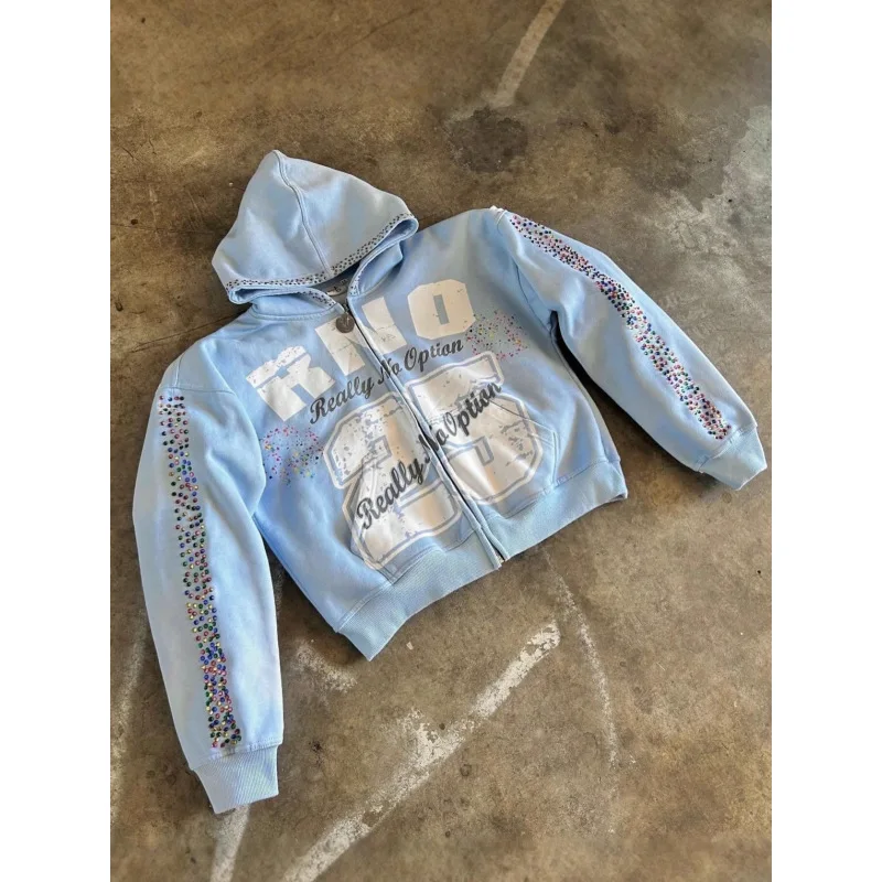 

Womens Trendy Loose Hip Hop Cardigan Hoodie with Rhinestone Letter Print Casual Streetwear Hooded Sweatshirt