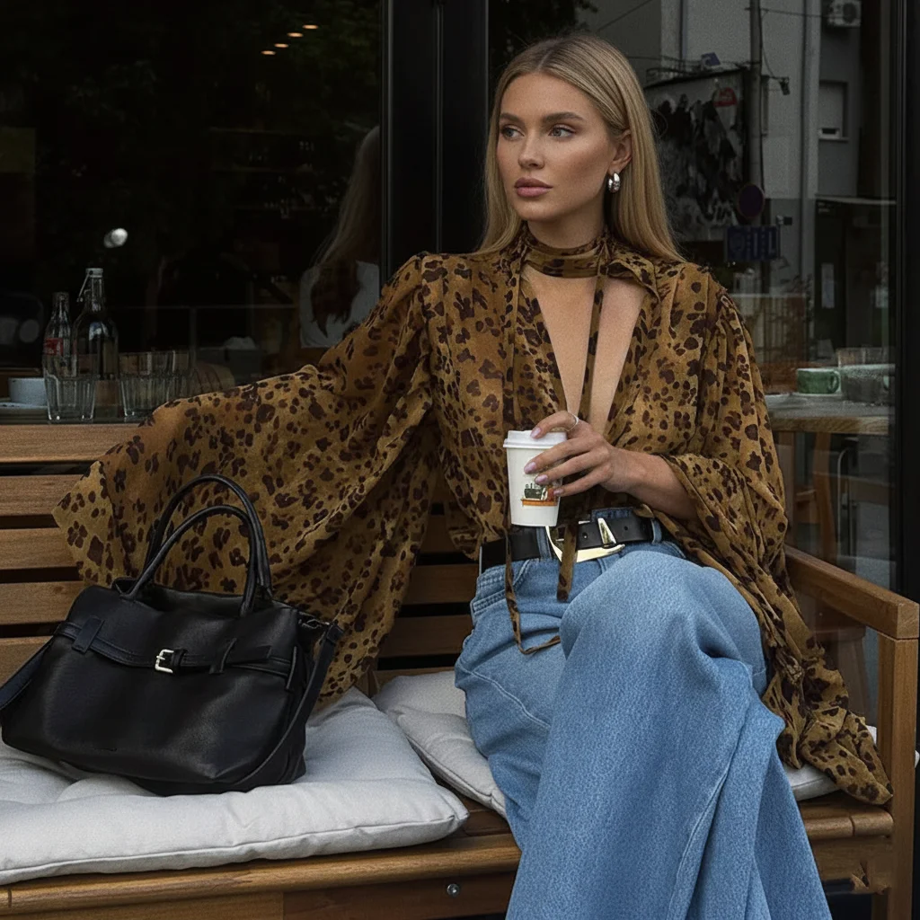 

Women Leopard Animal Print Chiffon Blouse Sexy Deep V Neck Long Flare Sleeve Tie Up Shirt Boho Loose Top Streetwear Fashion 2026