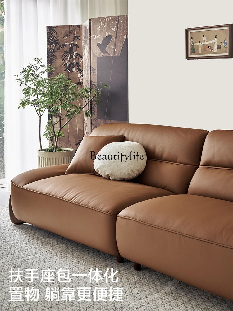 Leather sofa Italian simple first layer cowhide brown high density sponge straight row medium and ancient style