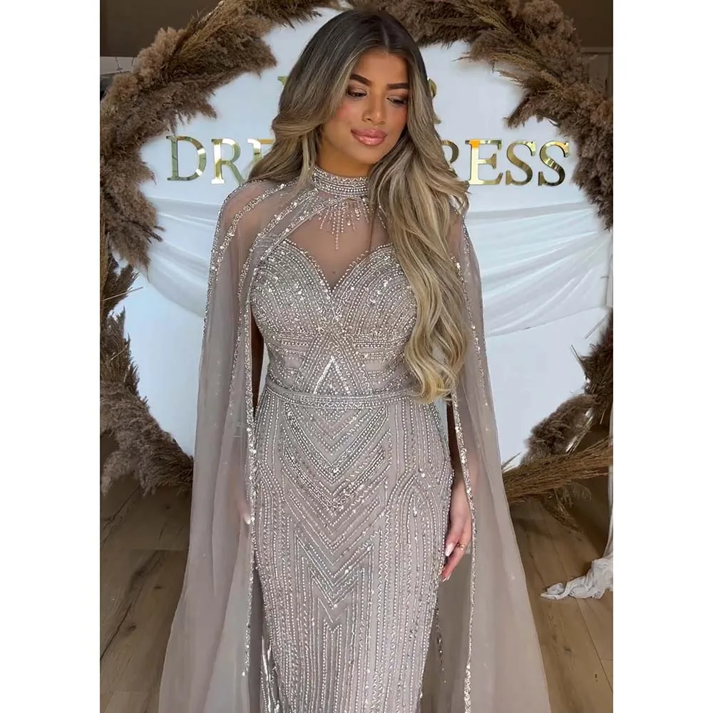 Luxury Arabic Mermaid Evening Dress with Cape Sleeve for Women 2024 High Neck Beads Formal Prom Wedding Party Gowns Customized