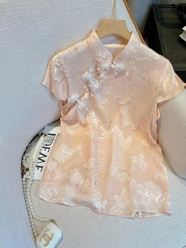 

Loose plus Size Women's Short Sleeve Shirt Summer Embroidered Stand Collar Button up Top Korean Style Straight Leg Pants