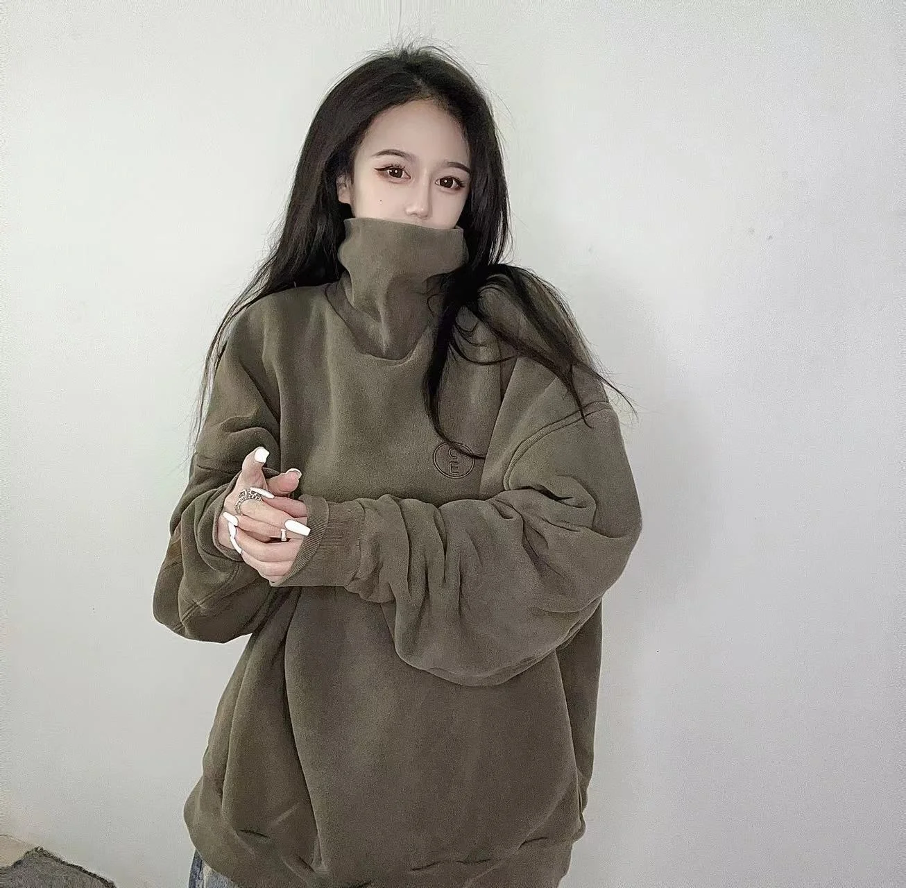 

LIFE CAVEMPT High Collar Long Sve Sweatirt Wax Dyeing Embroidery Loose Fit ex Autumn Winter Casual Cotton Hoodie