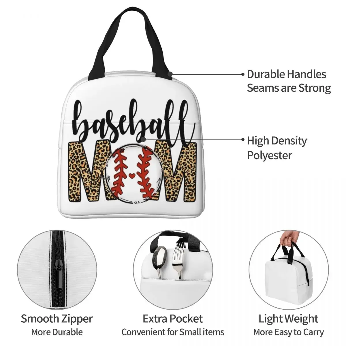 Baseball Mom Classic Insulated Lunch Bags Thermal Bag Meal Container Large Lunch Box Tote Men Women Beach Outdoor