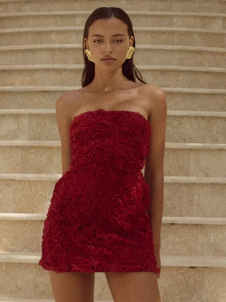 

2025 Strapless 3D Rose Flower Mini Dress Women Claret Sleeveless Mesh Floral Bodycon Dresses Elegant Evening Cocktail Party Gown