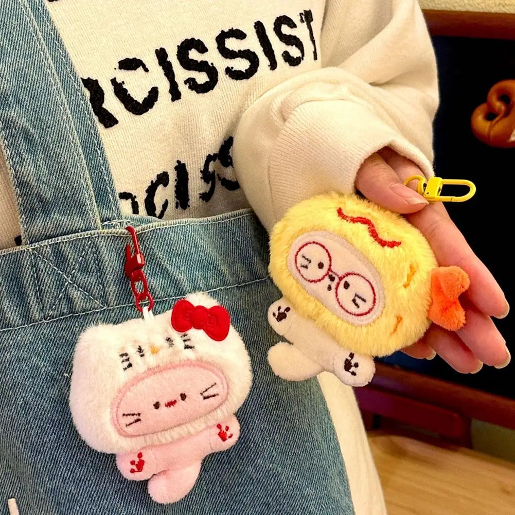 Porte-clés chat en peluche mignon avec capuche d'animal, breloque de sac à dos Kawaii pour filles, pendentif de jouet en peluche doux pour sacs et bagages