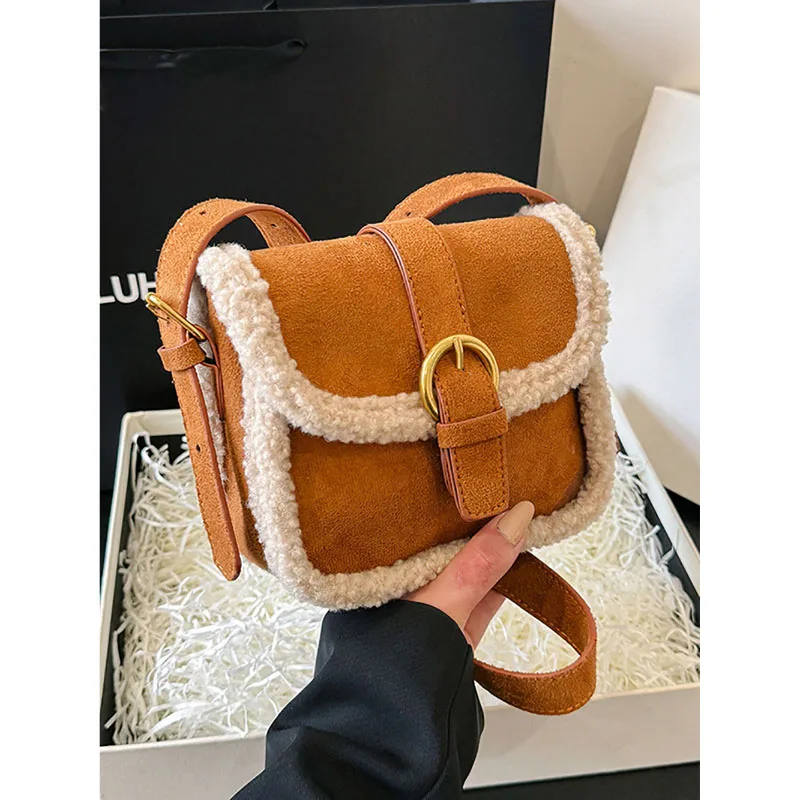 Maillard Style 2023 Winter Women New Crossbody Bag Faux Suede Lamb Wool Splice Shoulder Bags Niche Frosted Retro Mini Square Bag