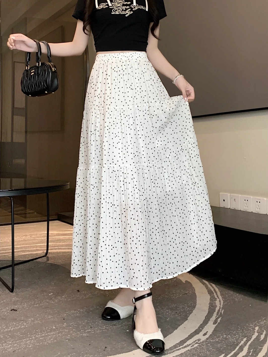 High Waist A-Line Midi Skirt Women's Polka Dot Soft Comfortable Polyester Fabric Gentlewomen's Skirts Spring Autumn New Arrival