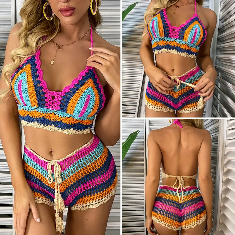 Maillot de bain deux pièces pour femmes, ensemble bikini, écharpe, col en v, imprimé, pantalon court, taille haute, régulier, sexy, plage, 2024