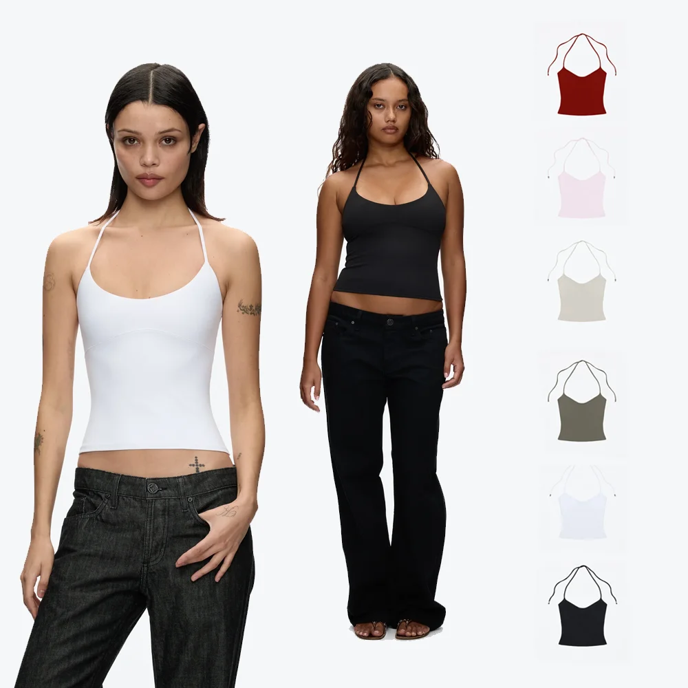 

Tank Top with Multiple Colors and Tie Straps, Metal Accessories, Hollow Back Design, Slim Fit, Backless Top, Suitable for Layering or Wearing Alone, U-Neck Tank Top