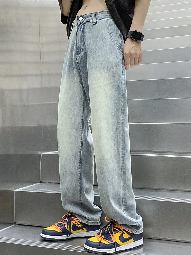 

Ice Silk Washed Summer Thin Denim Jeans Loose Straight Leg Long Trousers for Men Casual Wear Comfortable Cotton Blend Denim