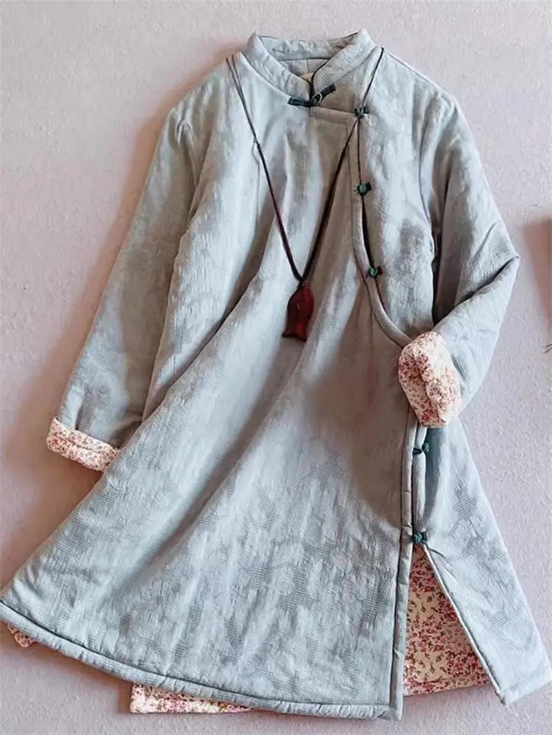 Chinese Style Cotton Jacket For Women Standing Collar Button Up Autumn Winter 2024 New Retro Cotton And Linen Coat Tops Z4928