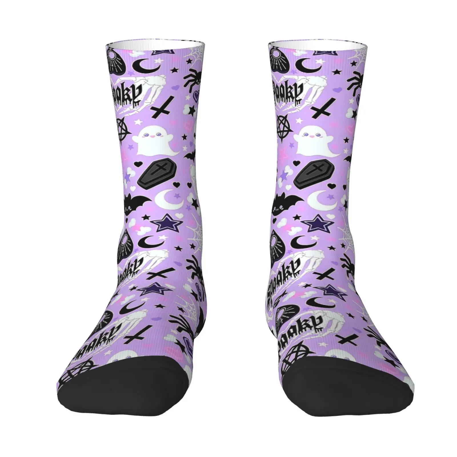 Pastel Purple Halloween Ghost Bat Print Calf Socks One Size Unisex Soft Breathable Mid Calf Crew Socks