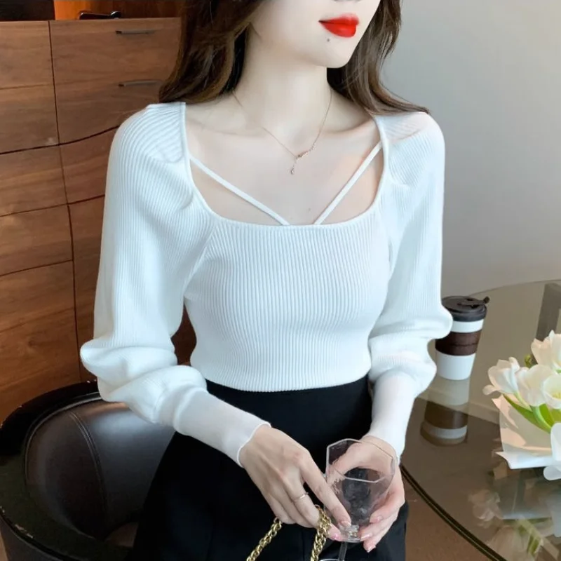 

French Square Neck Knitted Sweater Women Autumn Winter Slim Fit Solid Color Base Layer