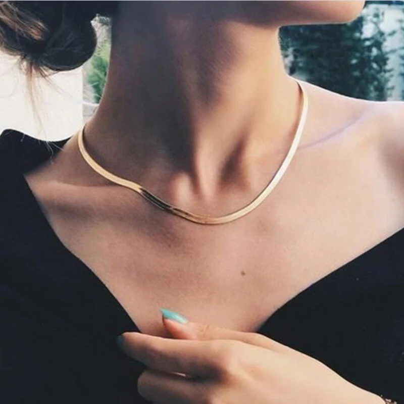 Aihua Punk Clavicle Flat Blade Snake Link Choker Necklace Unisex Gold Silver Color Stainless Steel Neck Chains For Women Jewelry