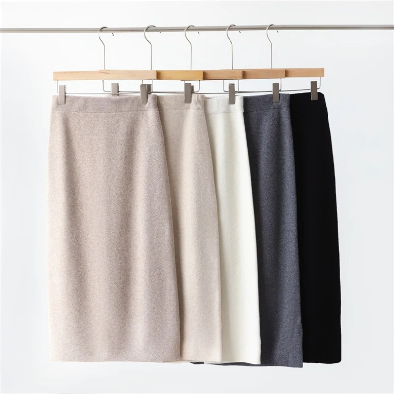 Korean Knit Women Midi Skirts Straight Bodycon Style Winter Pure Wool High Waist Back Slit Thickened Slim Fit Mid Length Skirt