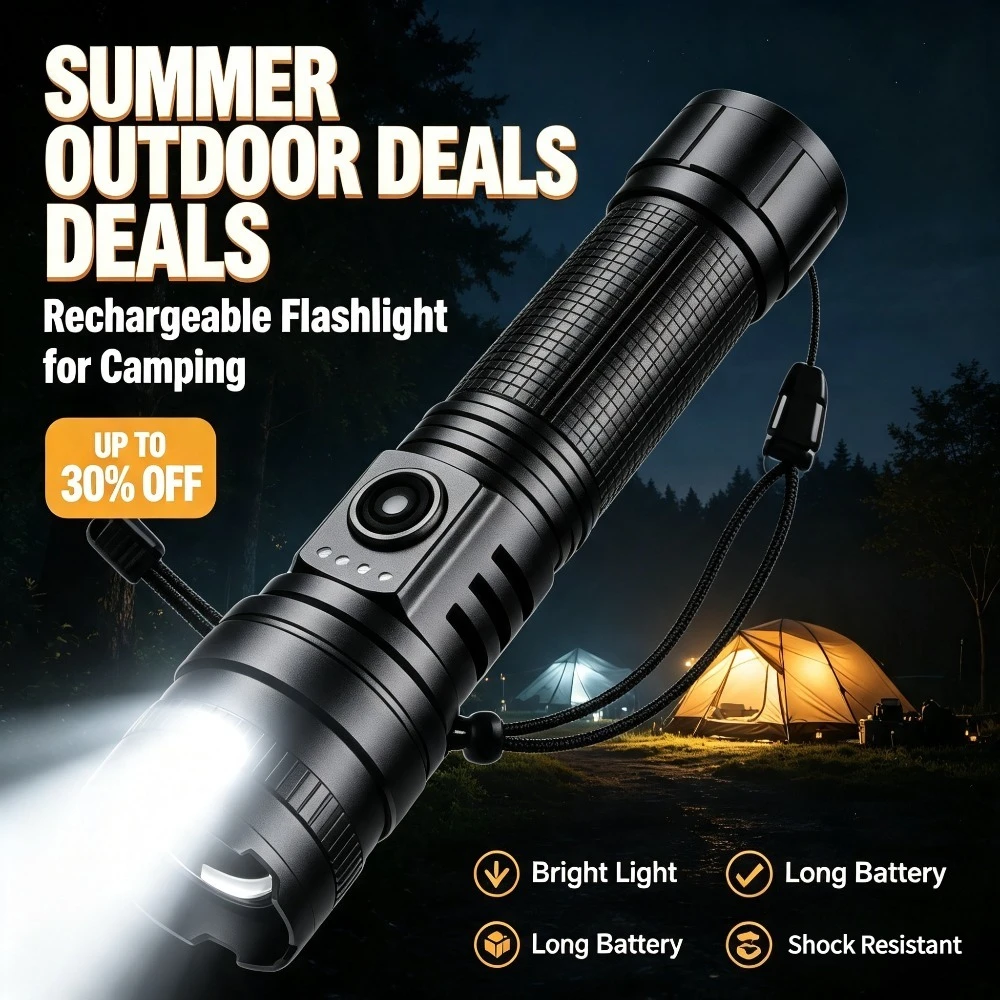 Ultra Lightweight Portable LED Flashlight Type-C Rechargeable Zoomable Waterproof Torch for Outdoor Camping Patrol Emergency
