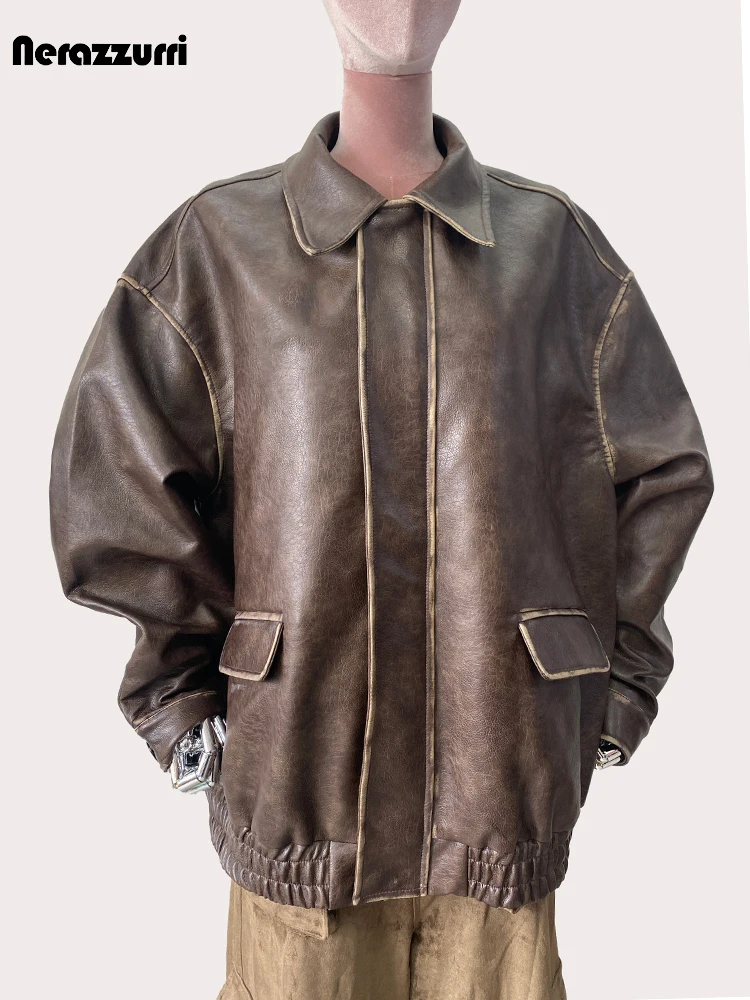 Nerazzurri-Veste en cuir PU marron pour femme, Streetwear vintage américain, Vêtements à fermeture éclair, Printemps, Automne, Cool Respzed, DistMurcia, 2024