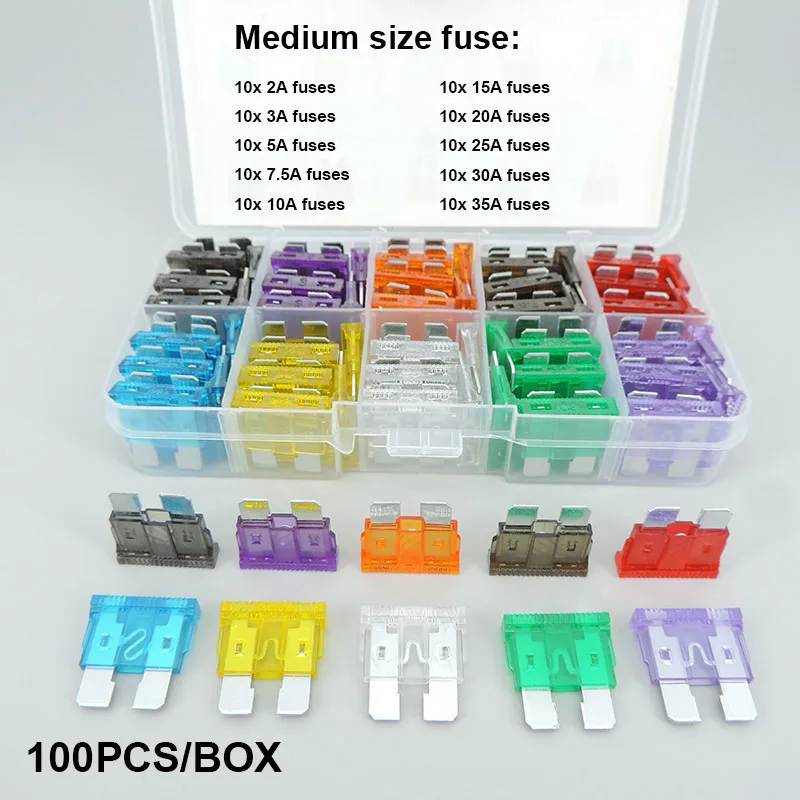 100pcs/box Car Fuse Assortment Set Profile medium Size Blade Type Fuse Auto Truck 2A 5A 3A 7.5A 10a 15A 20a 30a 35a auto Fuse r1