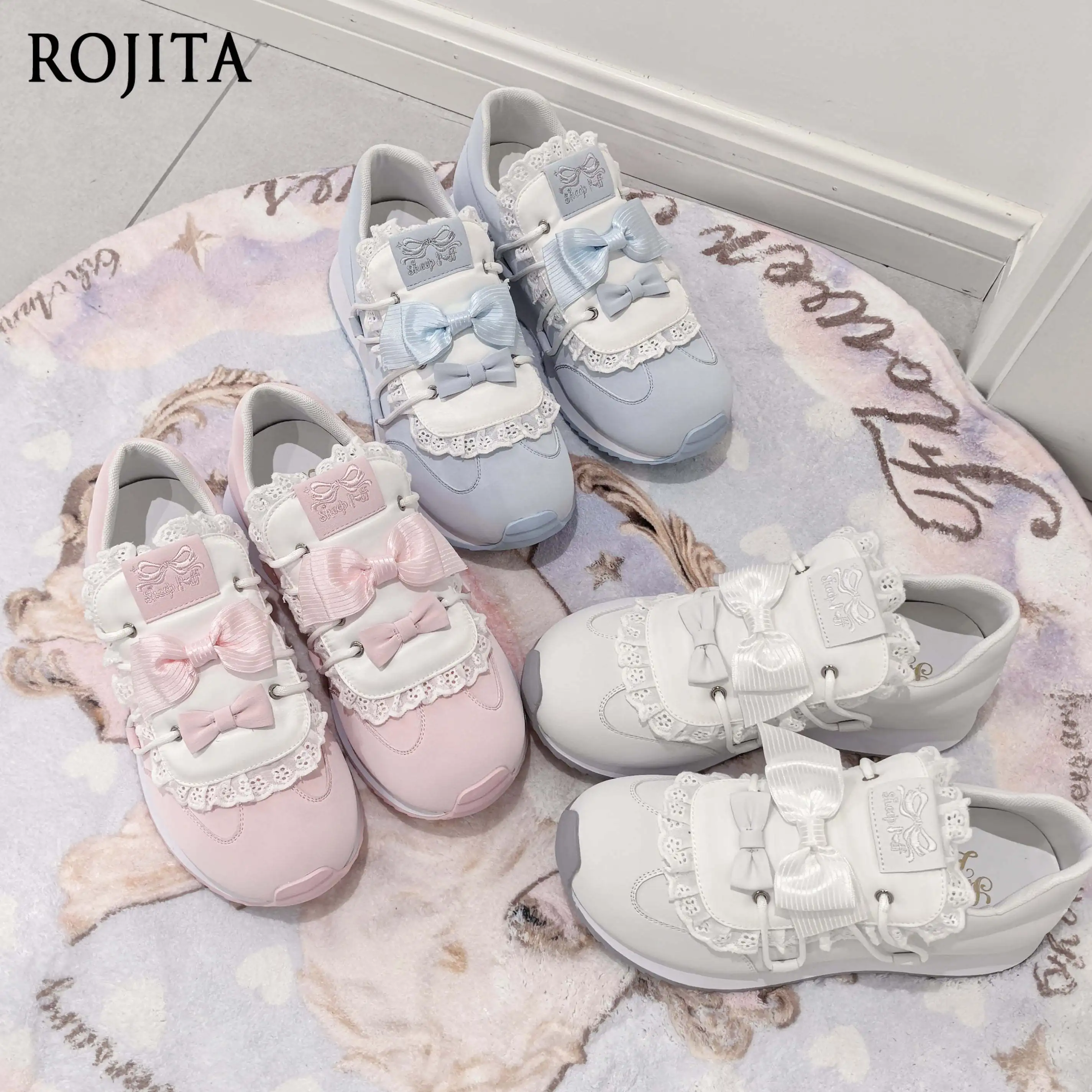 

Thick-Soled Sneakers Cute Round Toe Running Shoes Bowknot Pu Leather Stitching Lace Decoration Shoes for Women