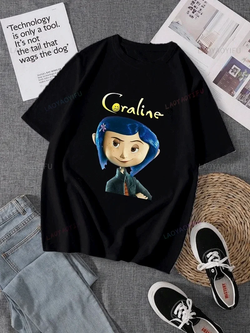 

Классическая модная футболка с принтом аниме-фильма Coraline, уличная повседневная одежда унисекс, весна/лето, хлопок с короткими рукавами