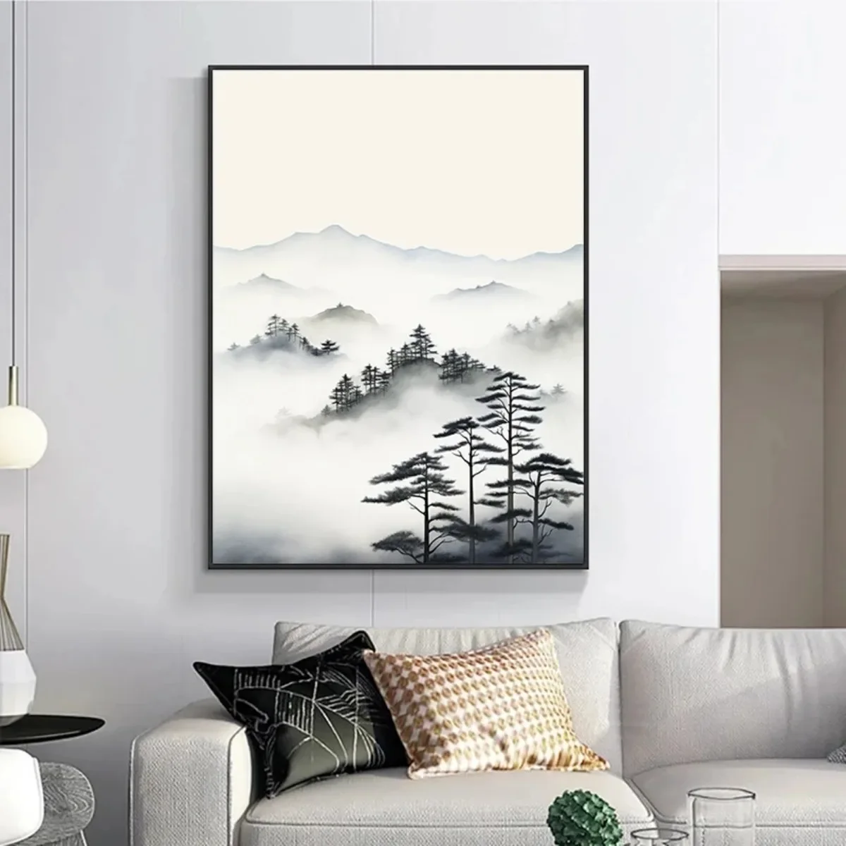 حائط لوح رسم الفن صور اليابانية ضبابي جبل أشجار الصنوبر المائية الملصقات المعاصرة ديكور غرفة المعيشة