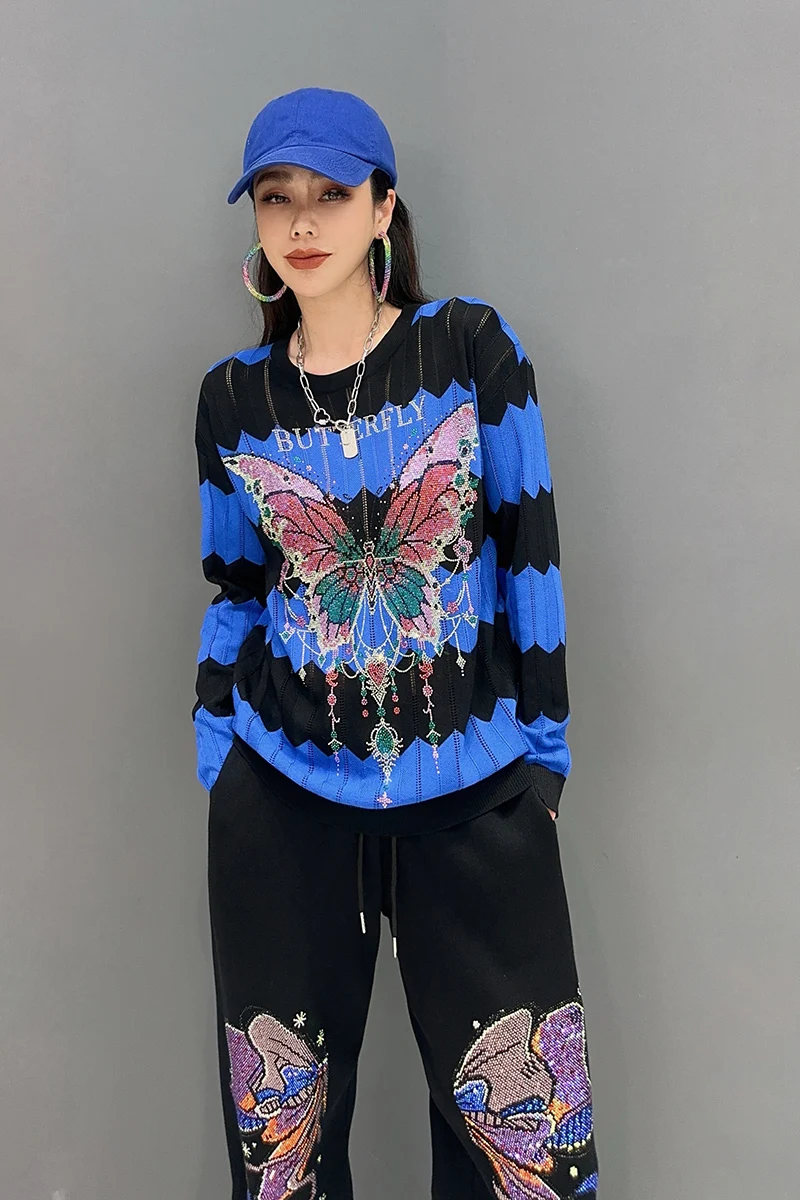 Vefadisa 2025 Spring Autumn New Butterfly Embroidery Women Matching Sets O-neck Long Sleeved Striped Top And Pants Suit ZXY1041A