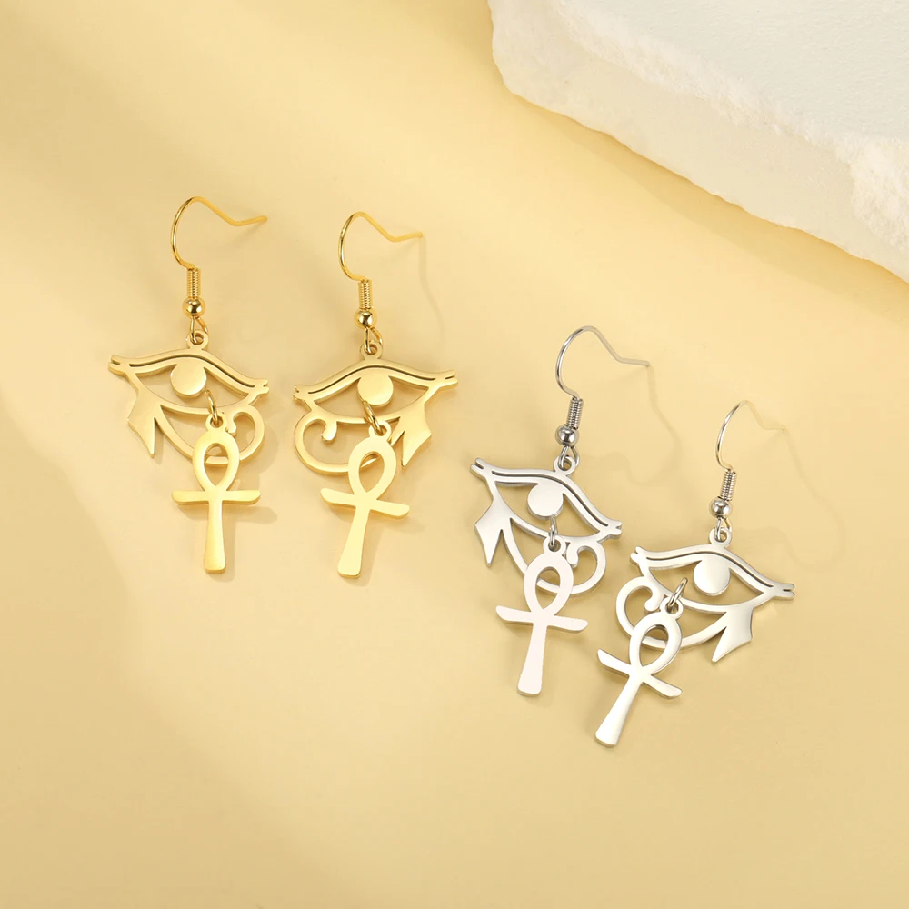 Dawapara alte ägyptische Symbol Ohrringe Auge von Horus und Ankh Kreuz Hieroglyphen Ideograph Schutz Amulett Edelstahl – Detail 27