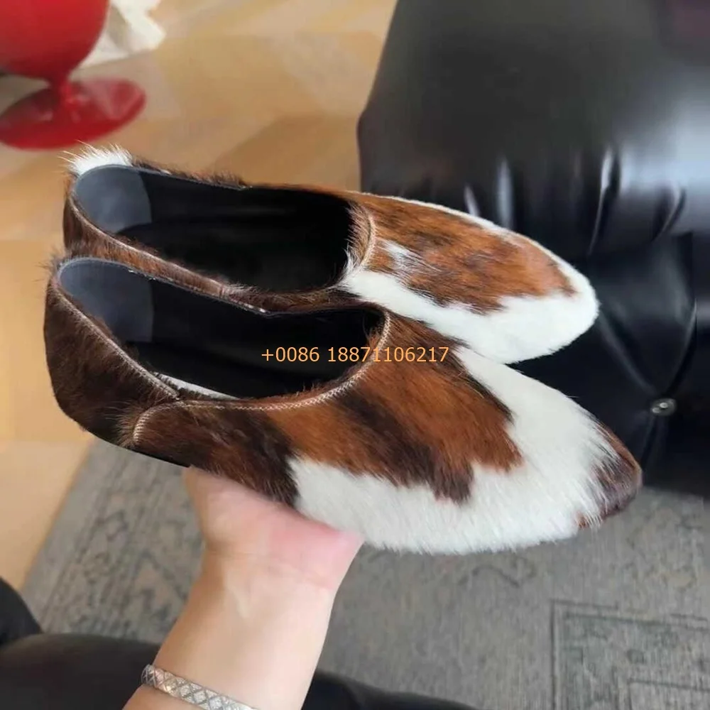 New Women's Cow Pattern Loafers 2025 Spring New Round Toe Fur Slip-On Flat Shoes Street Elegant Mixed Color Fashion Casual Shoes